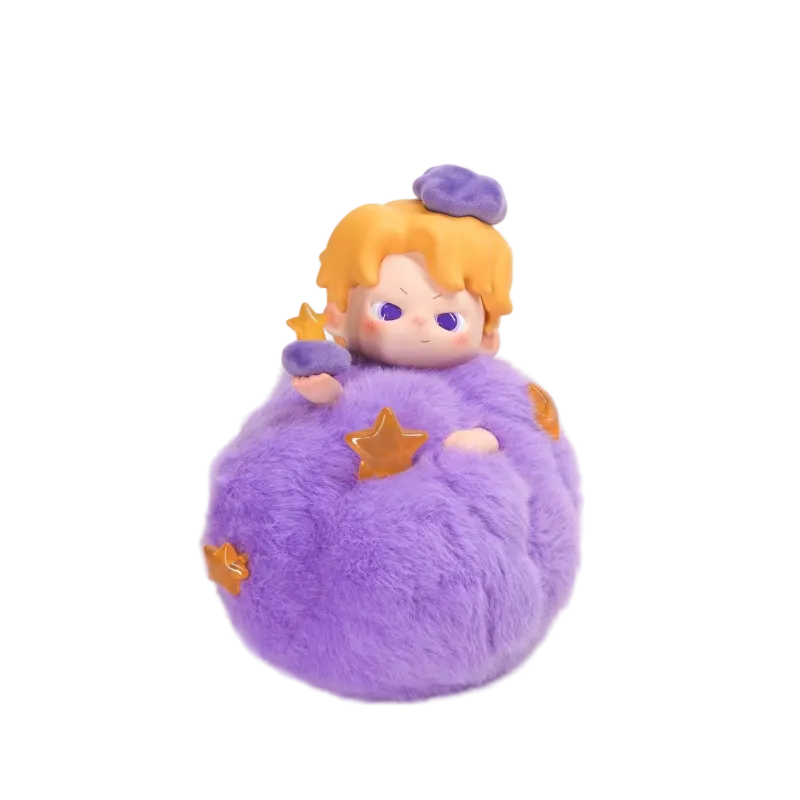 Plush toy with a character on a purple cloud against a white background