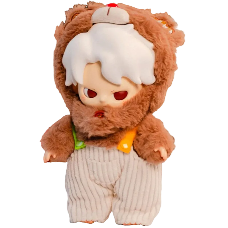 Plush toy character in a brown outfit with white hair on a white background