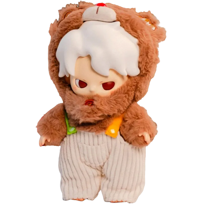Plush toy character in a brown outfit with white hair on a white background