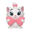 A white cartoon cat figurine with large blue eyes, pink inner ears, a pink bow on its head, and a large pink bow around its neck, shown on a plain white background.