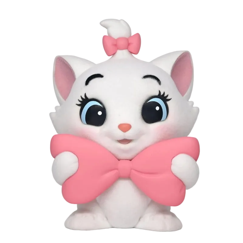 A white cartoon cat figurine with large blue eyes, pink inner ears, a pink bow on its head, and a large pink bow around its neck, shown on a plain white background.