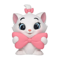 A white cartoon cat figurine with large blue eyes, pink inner ears, a pink bow on its head, and a large pink bow around its neck, shown on a plain white background.