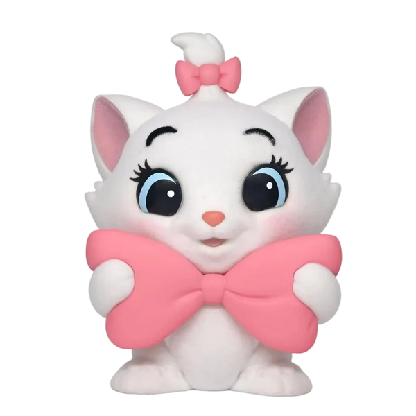 A white cartoon cat figurine with large blue eyes, pink inner ears, a pink bow on its head, and a large pink bow around its neck, shown on a plain white background.