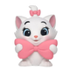 A white cartoon cat figurine with large blue eyes, pink inner ears, a pink bow on its head, and a large pink bow around its neck, shown on a plain white background.