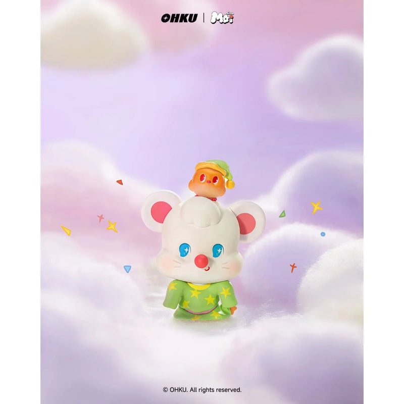 Toy figure of a mouse-like character with a small bird on its head against a pastel sky background.