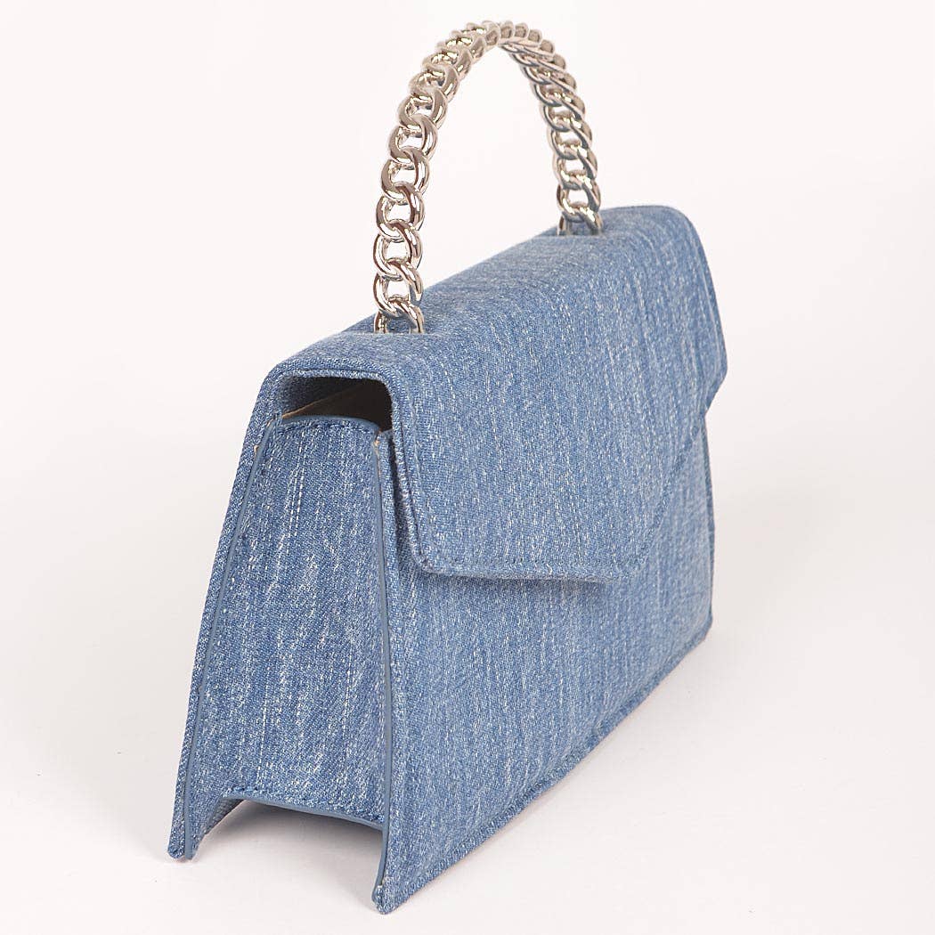 Denim Metal Handle Flap Clutch: LBL