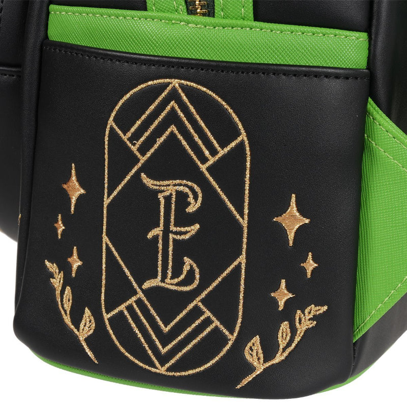 Black bag with gold emblem and green accents
