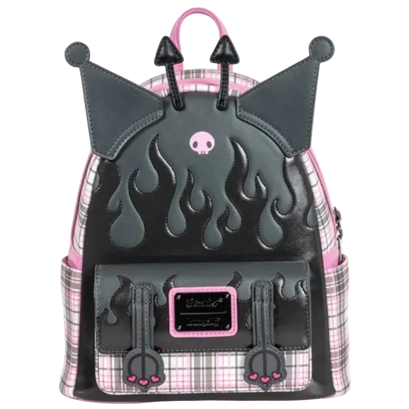 Backpack with cat ears, flames, and plaid pattern on a white background