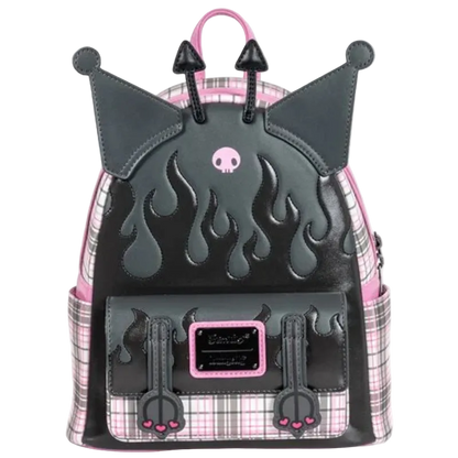 Backpack with cat ears, flames, and plaid pattern on a white background
