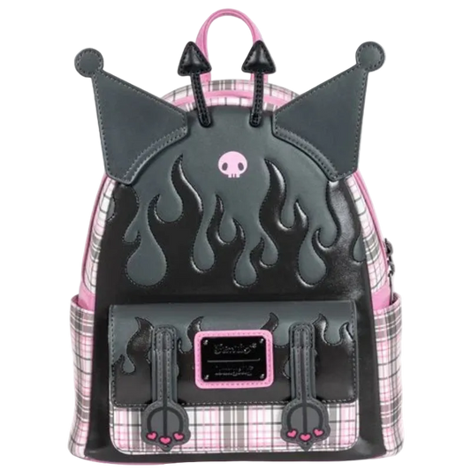 Backpack with cat ears, flames, and plaid pattern on a white background