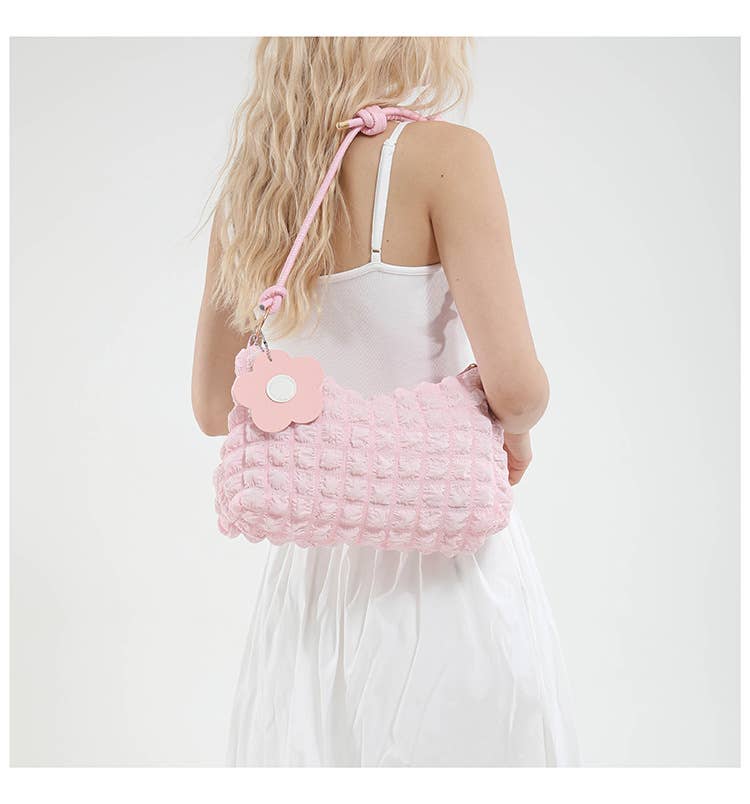 Popcorn Texture Flower Charm Mini Hobo Bag: Green / M