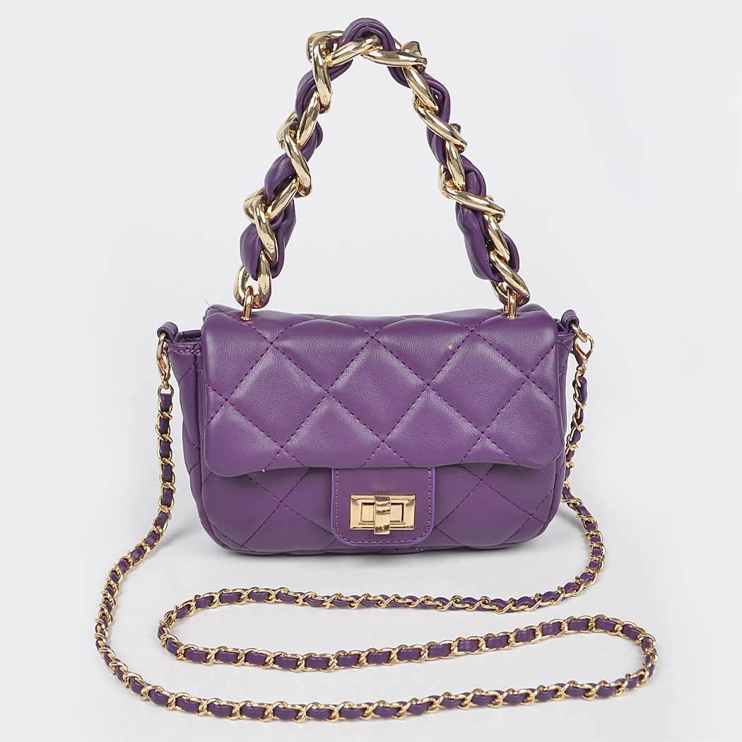 Quilted Faux Leather Chain Flap Bag: Purple