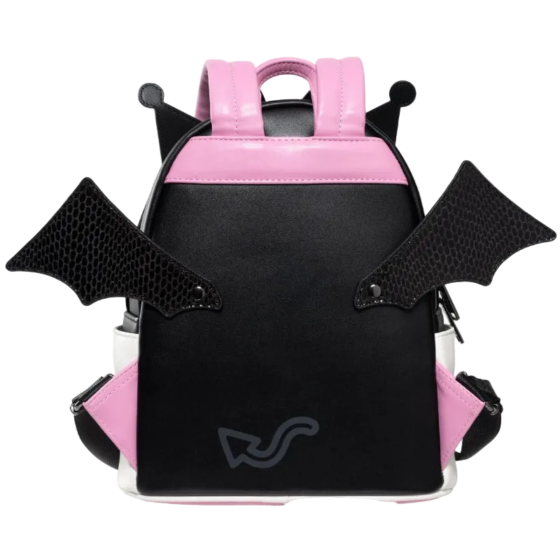 Black and pink backpack with bat wings on a white background