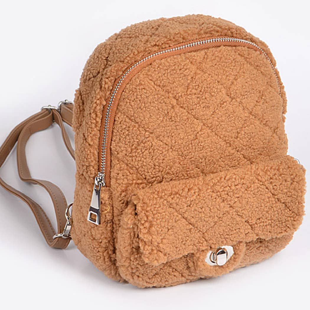 Fluffy Flap Zipper Backpack: Mustard