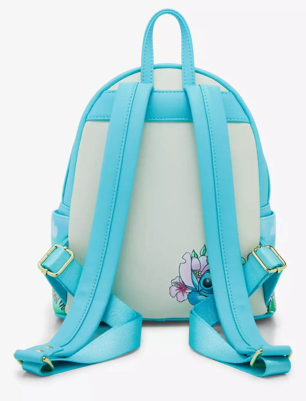 Light blue backpack with floral design on a white background