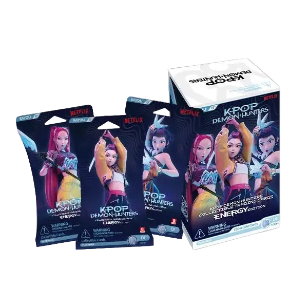 KAYOU KPop Demon Hunters cards and packaging with Netflix branding on a yellow background