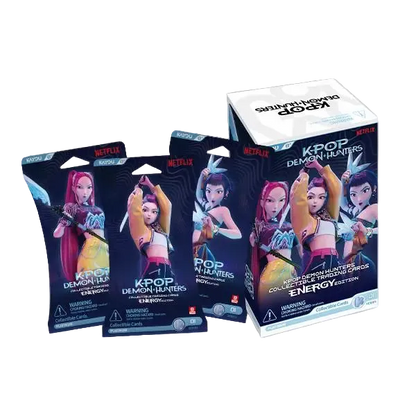KAYOU KPop Demon Hunters cards and packaging with Netflix branding on a yellow background