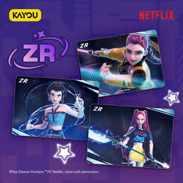 Four character cards from 'KPop Demon Hunters' with Netflix and Kayou branding on a purple background.