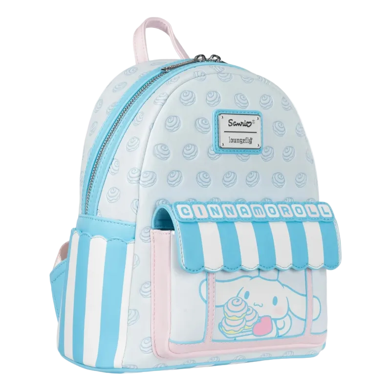 Light blue backpack with cartoon character design on a white background