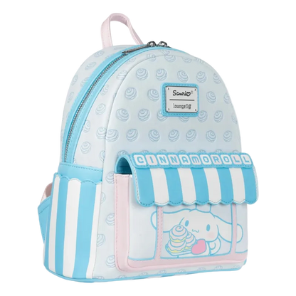 Light blue backpack with cartoon character design on a white background