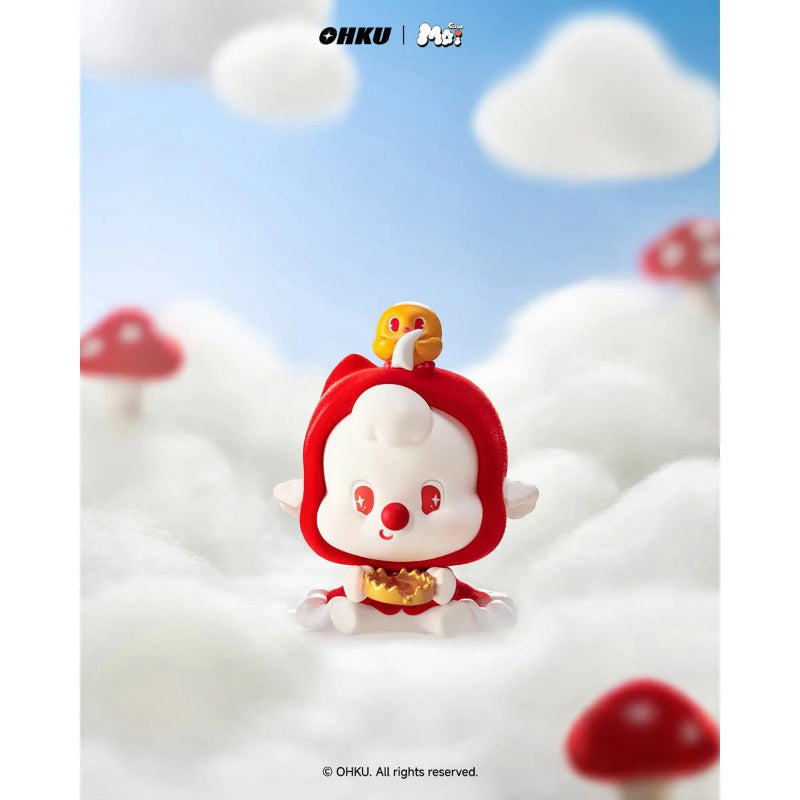 Toy figure with red hair and white face on a cloud background with OHKU branding.