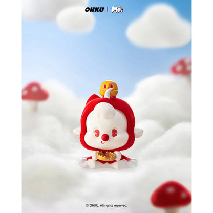 Toy figure with red hair and white face on a cloud background with OHKU branding.