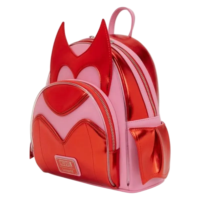 Red and pink backpack with bat design on a white background