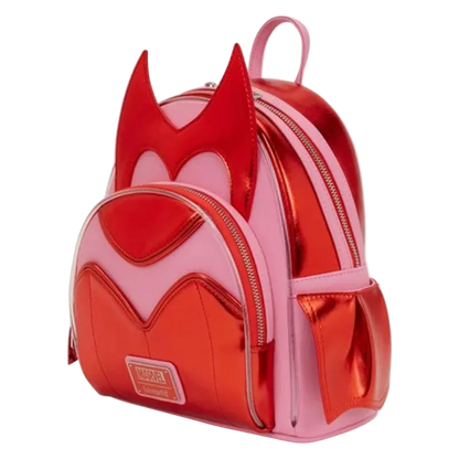 Red and pink backpack with bat design on a white background
