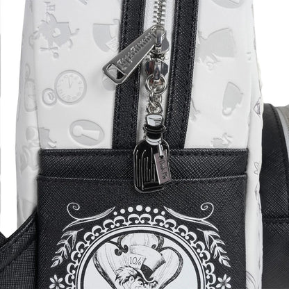 Close-up of a backpack with a character design and charm on a white background