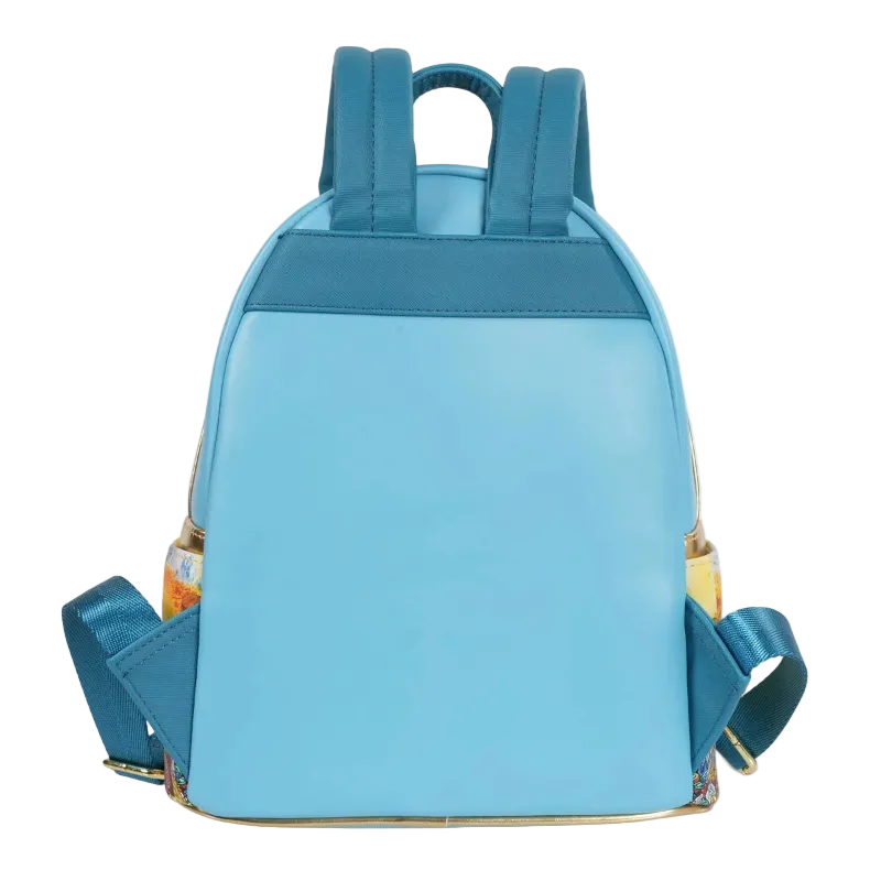 Blue backpack with colorful accents on a white background