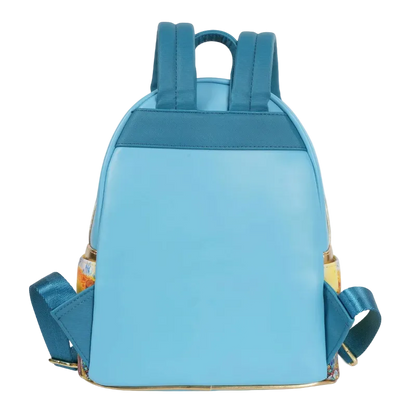 Blue backpack with colorful accents on a white background