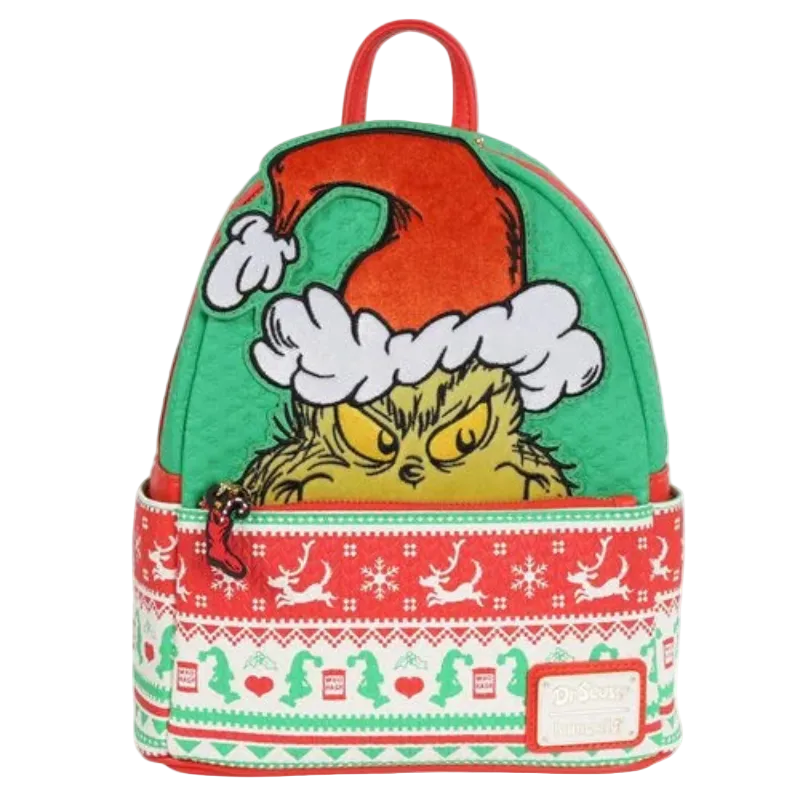 Backpack with a festive design featuring a character wearing a red hat on a white background