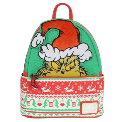 Backpack with a festive design featuring a character wearing a red hat on a white background