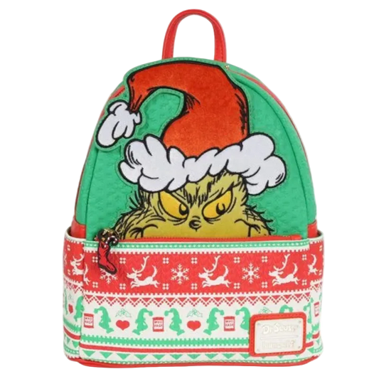 Backpack with a festive design featuring a character wearing a red hat on a white background