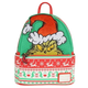 Backpack with a festive design featuring a character wearing a red hat on a white background