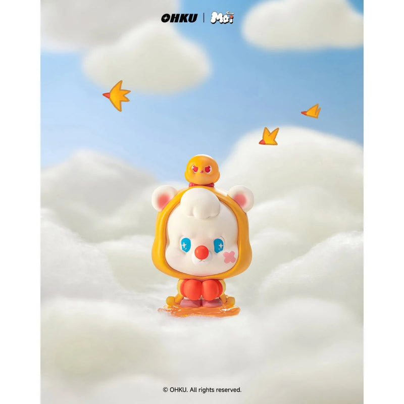 Toy figure in a yellow outfit with a white cloud background
