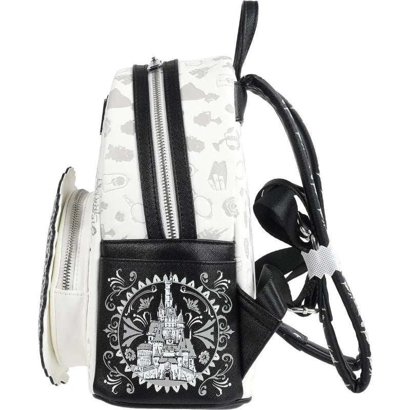 White backpack with black castle design on a white background