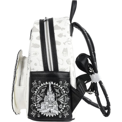 White backpack with black castle design on a white background