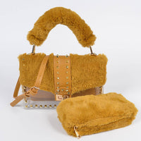 HPC3207 FAUX FUR CLEAR CLUTCH W/ DETACHABLE PURSE: Mustard