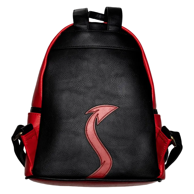 Black and red backpack with a pink logo on a white background