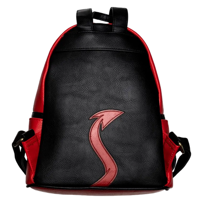 Black and red backpack with a pink logo on a white background