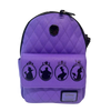 Purple quilted backpack with black silhouettes and Disney logo on a white background