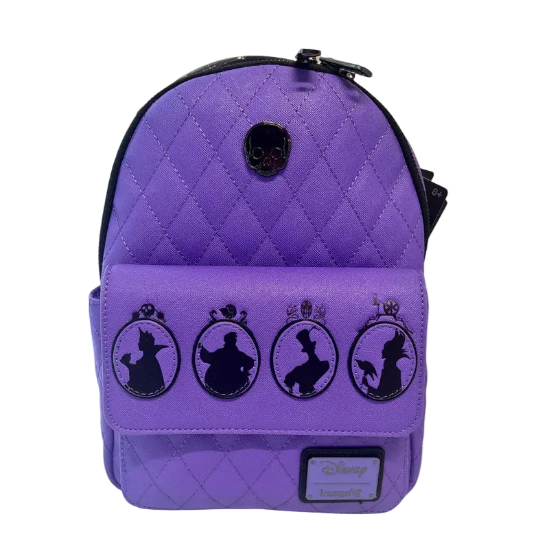 Purple quilted backpack with black silhouettes and Disney logo on a white background