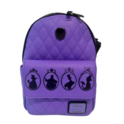 Purple quilted backpack with black silhouettes and Disney logo on a white background