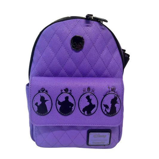 Purple quilted backpack with black silhouettes and Disney logo on a white background