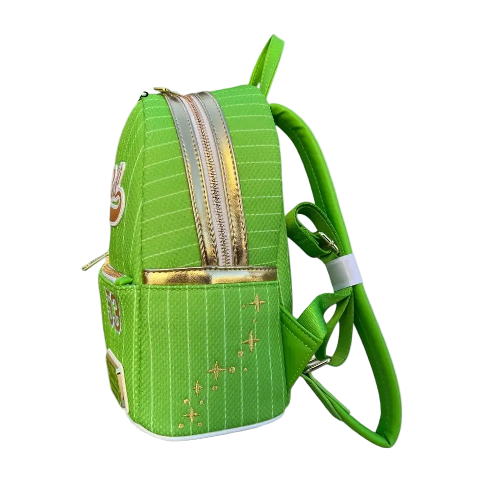 A bright green pinstriped mini backpack with gold metallic accents, shown from a three-quarter angle on a white background. The Grotto Treasures Exclusive logo is visible in the top-left corner.