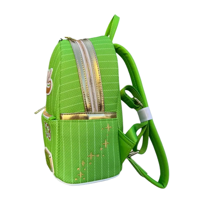 A bright green pinstriped mini backpack with gold metallic accents, shown from a three-quarter angle on a white background. The Grotto Treasures Exclusive logo is visible in the top-left corner.