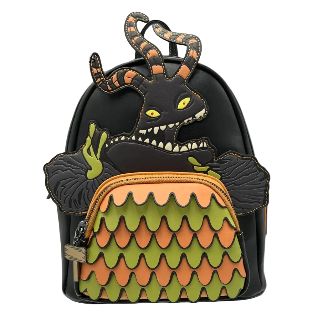 A black faux-leather mini backpack featuring a stylized Totoro design from Toy Story, with orange and green scalloped wings, yellow eyes, and a black-and-orange striped horn, shown on a white background with a Grotto Treasure Exclusive logo in the top left.