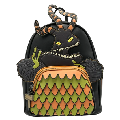 A black faux-leather mini backpack featuring a stylized Totoro design from Toy Story, with orange and green scalloped wings, yellow eyes, and a black-and-orange striped horn, shown on a white background with a Grotto Treasure Exclusive logo in the top left.
