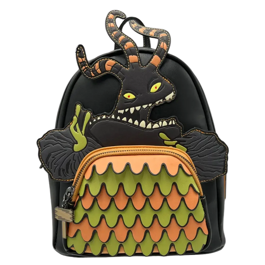 A black faux-leather mini backpack featuring a stylized Totoro design from Toy Story, with orange and green scalloped wings, yellow eyes, and a black-and-orange striped horn, shown on a white background with a Grotto Treasure Exclusive logo in the top left.